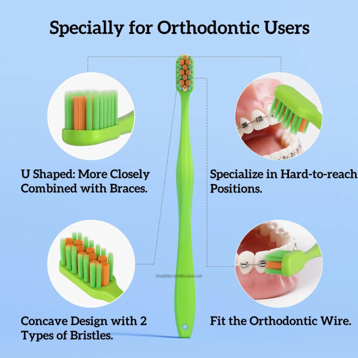 Concave No. 2015 Orthodontic toothbrush with curved bristles, soft,Green